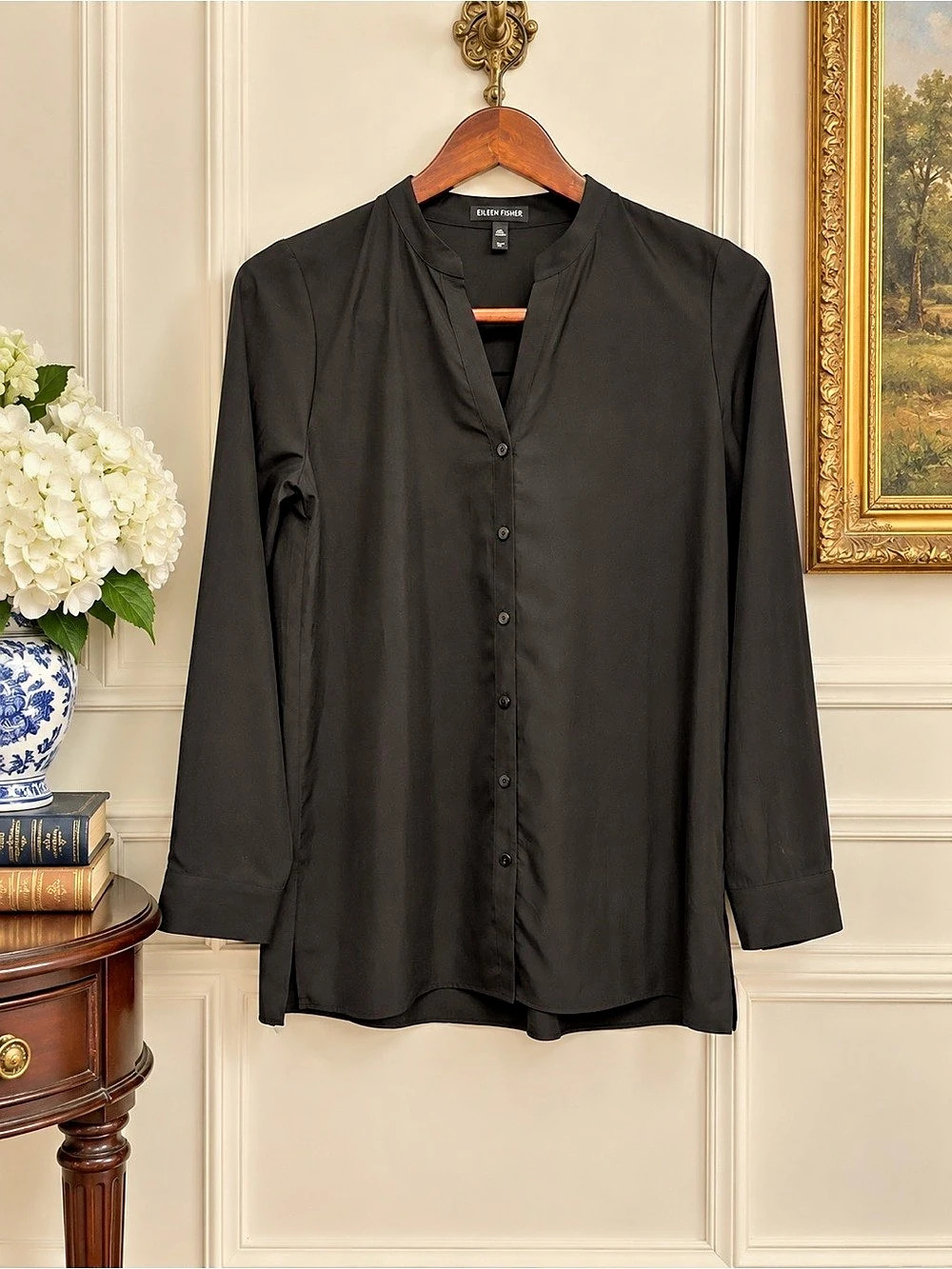 Eileen Fisher Black Button Front Shirt Size Small Like New